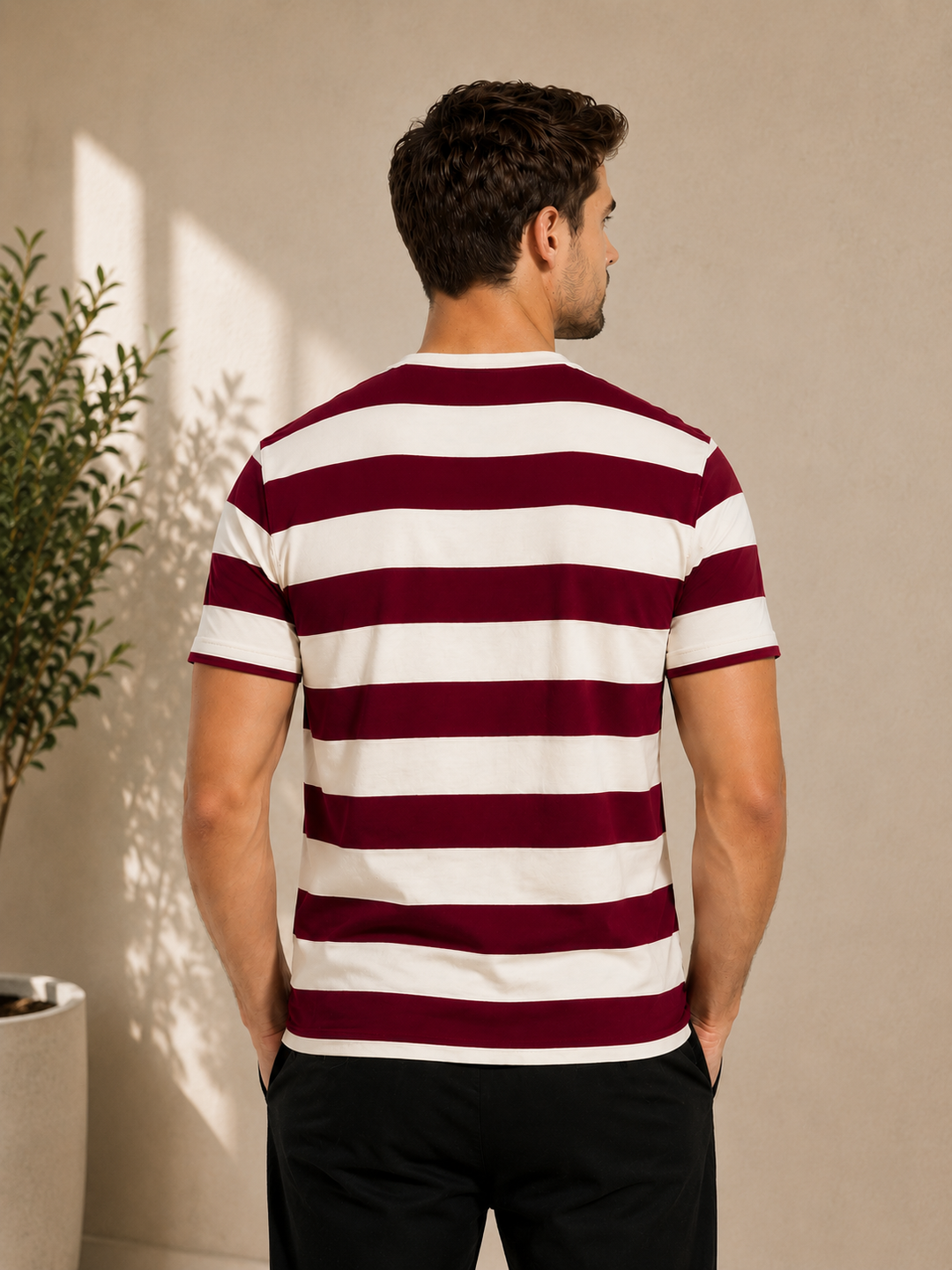 Striped Round Neck T-Shirt - Beige