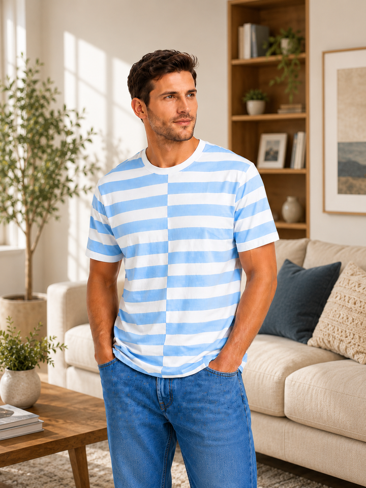 Striped Round Neck T-Shirt - Sky