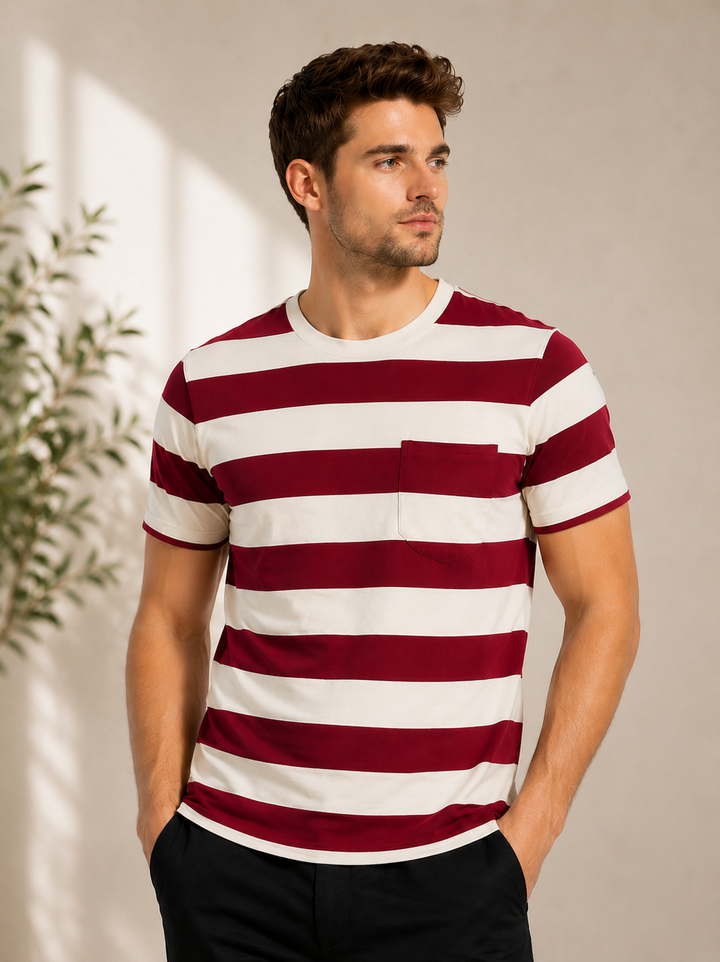Striped Round Neck T-Shirt - Beige