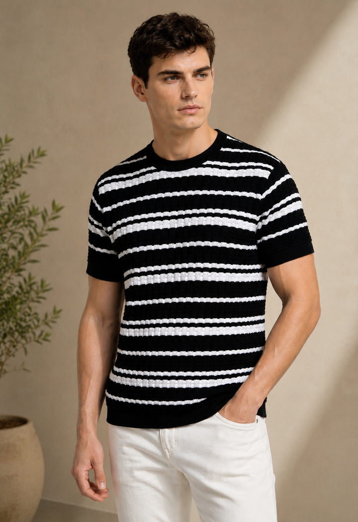 Striped Knitted T-shirt- Black