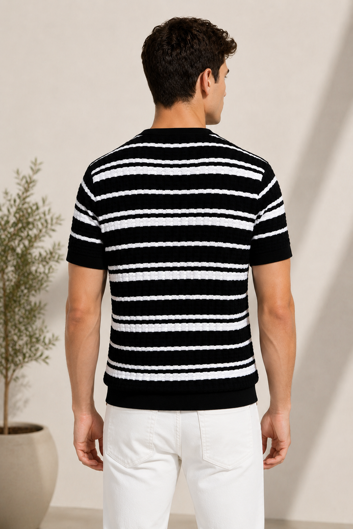 Striped Knitted T-shirt- Black