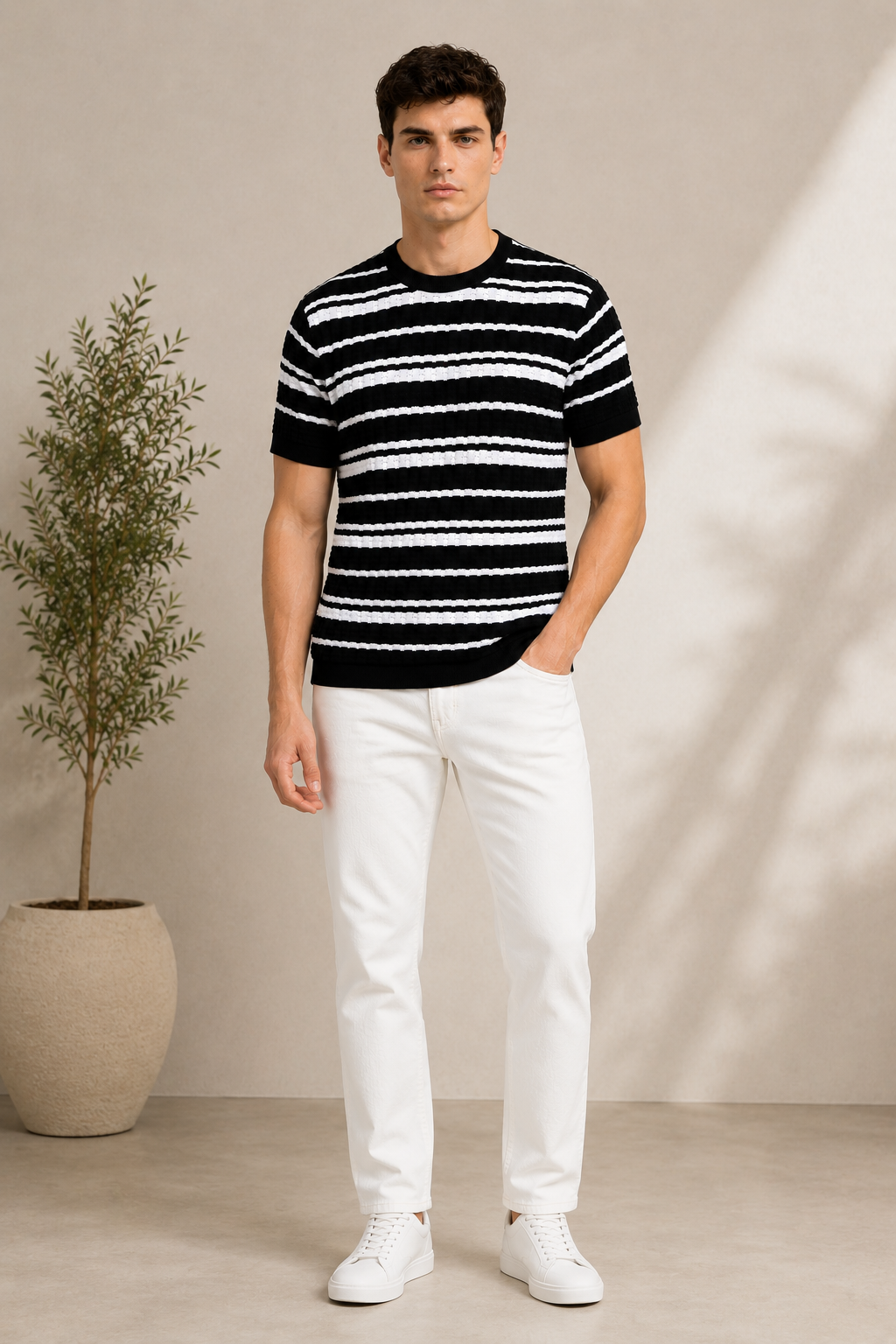 Striped Knitted T-shirt- Black