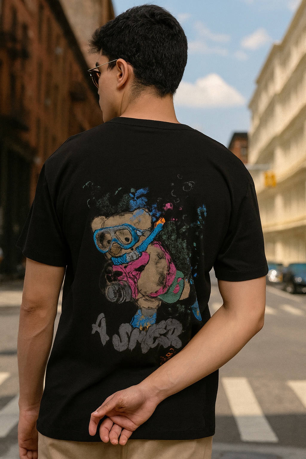 A man viewed from behind wearing a black graphic t-shirt with a colorful cartoon bear diving/snorkeling design on the back, set against an outdoor city street background.