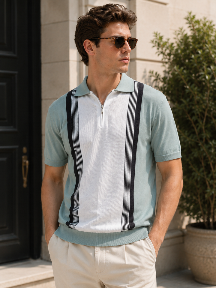 Knitted Contrast Stripe Polo - Steel Grey