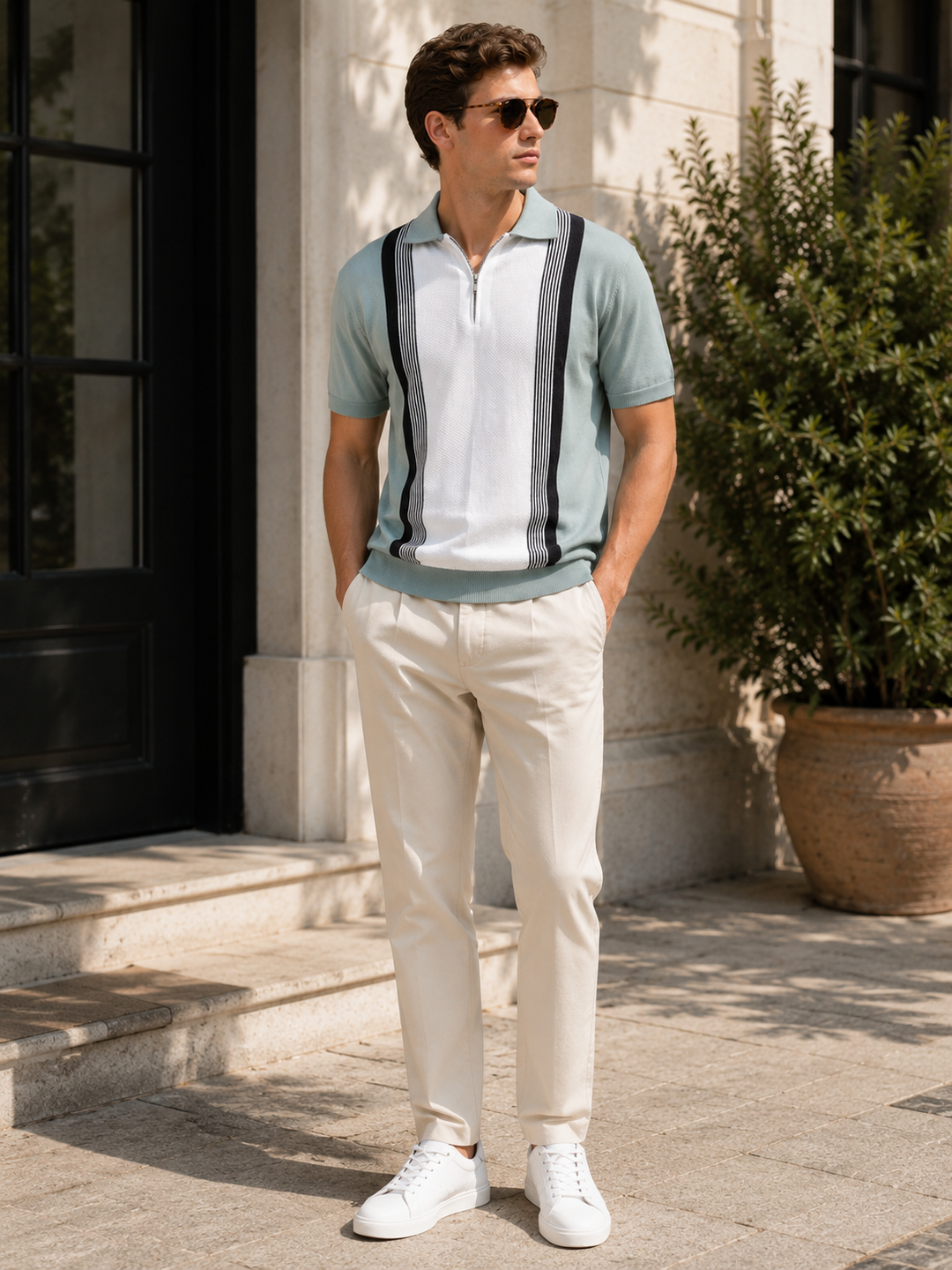 Knitted Contrast Stripe Polo - Steel Grey