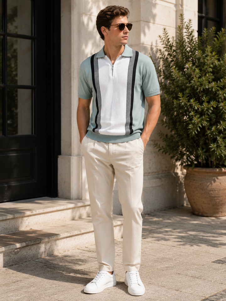 Knitted Contrast Stripe Polo - Steel Grey