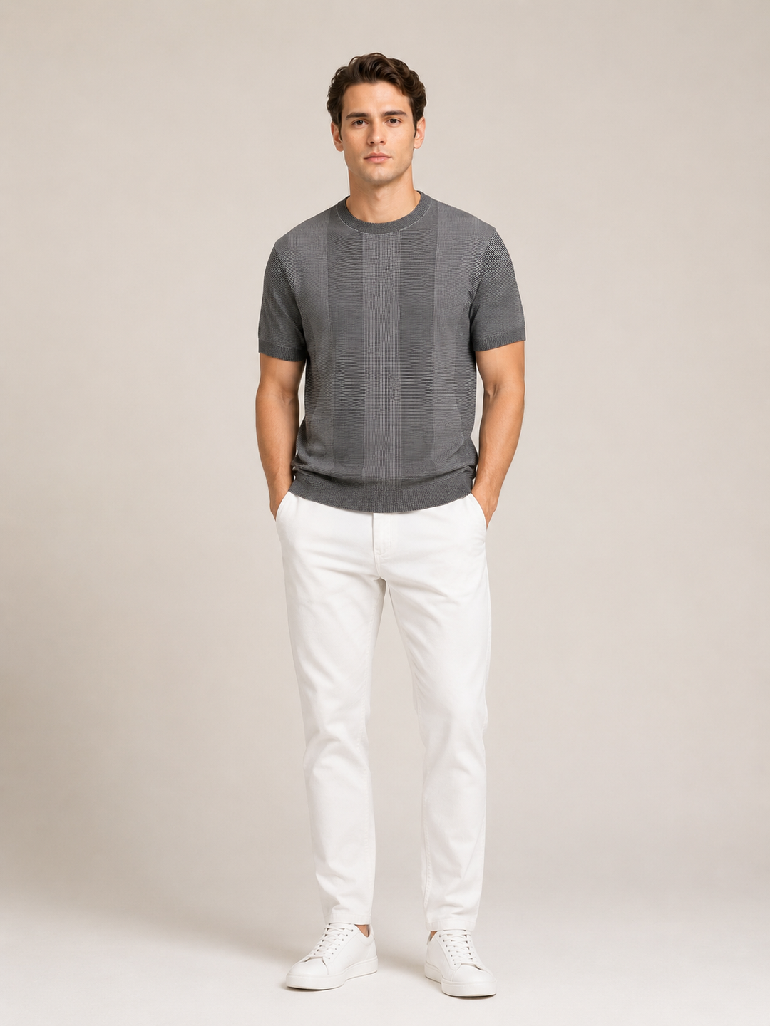 Knitted Cotton T-Shirt - Grey