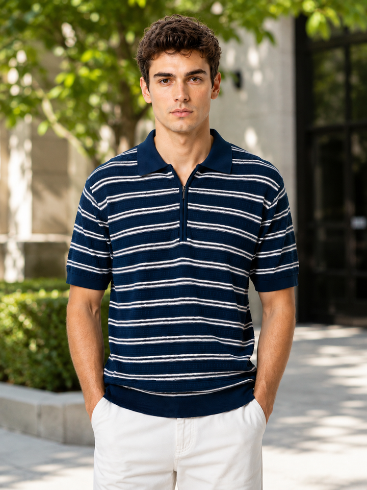 Knitted Striped T-Shirt – Navy