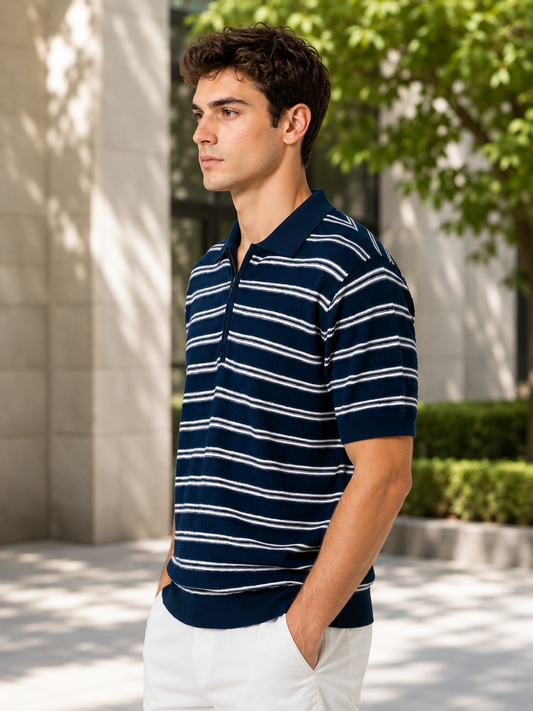 Knitted Striped T-Shirt – Navy