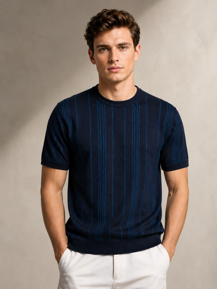 Knitted Striped Knit T-Shirt - Navy