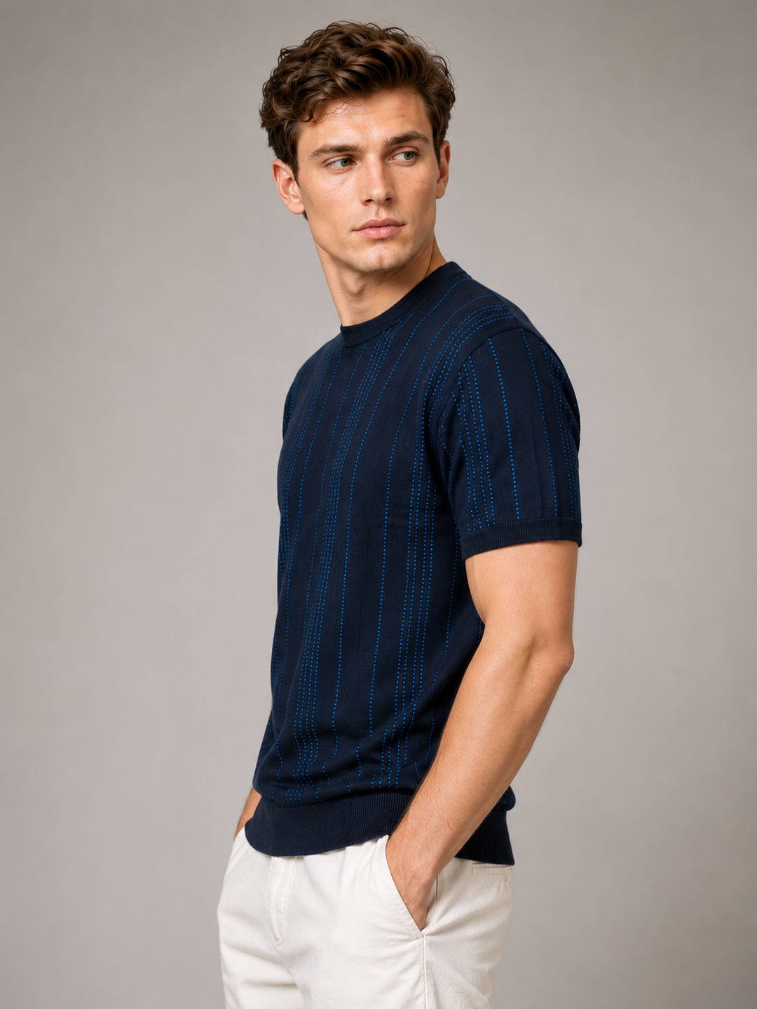 Knitted Striped Knit T-Shirt - Navy