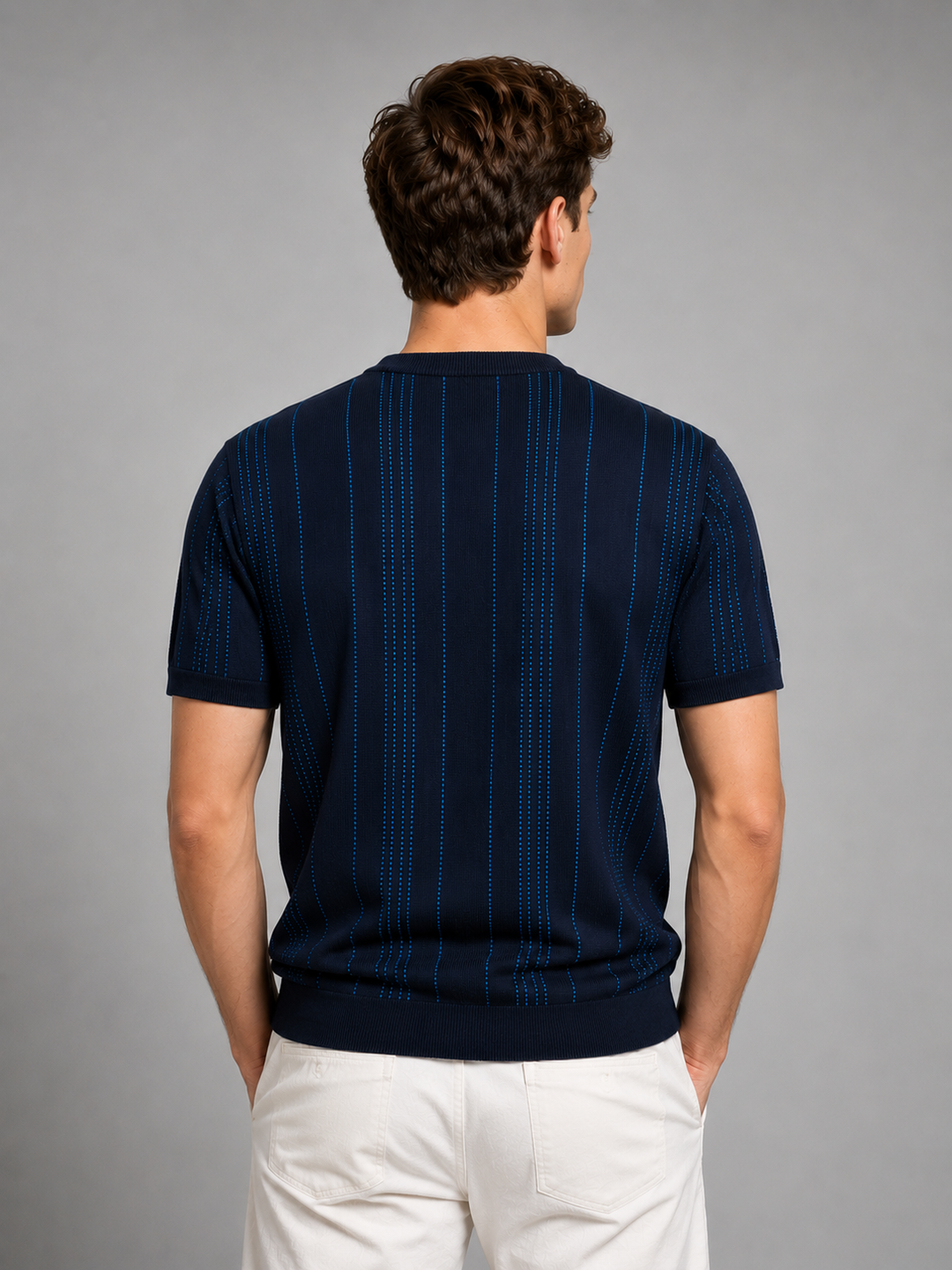 Knitted Striped Knit T-Shirt - Navy