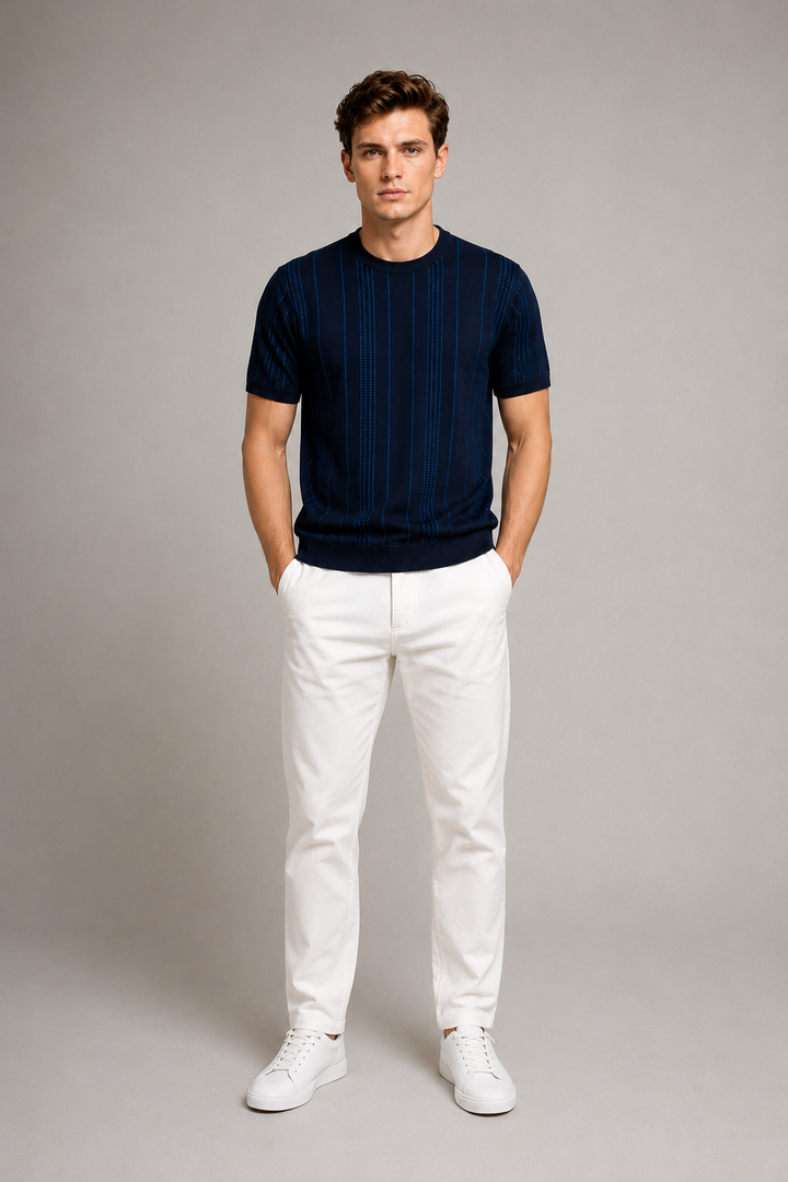 Knitted Striped Knit T-Shirt - Navy