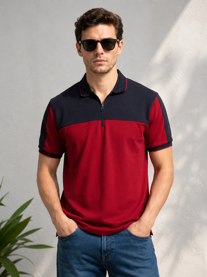 Color-Block Cotton Polo Shirt –  Red