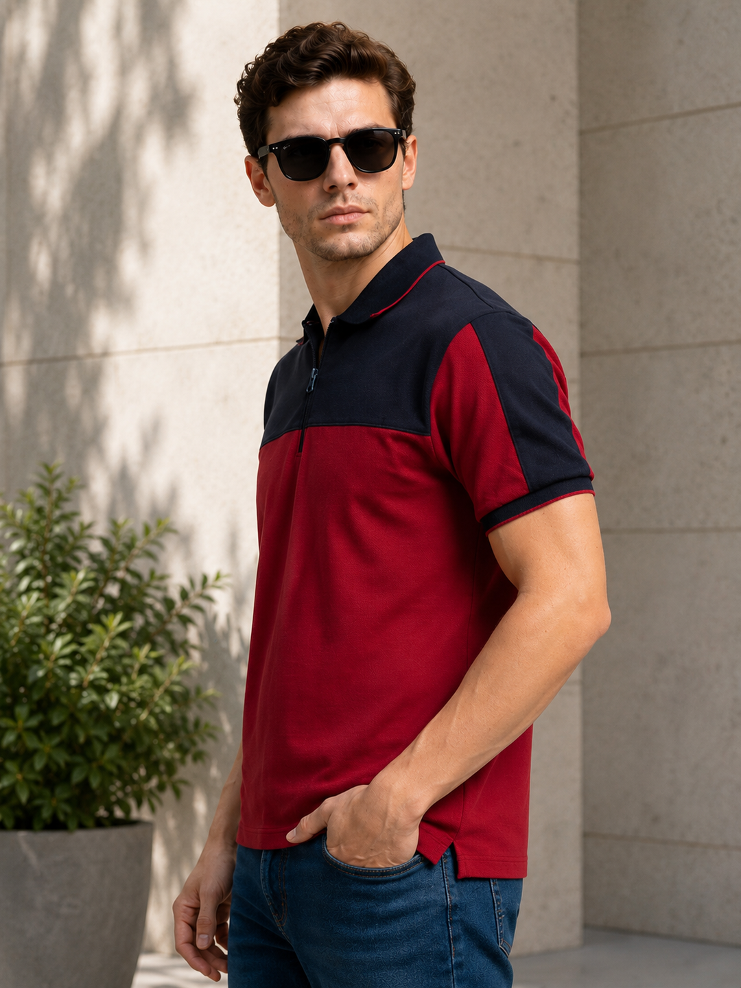 Color-Block Cotton Polo Shirt –  Red