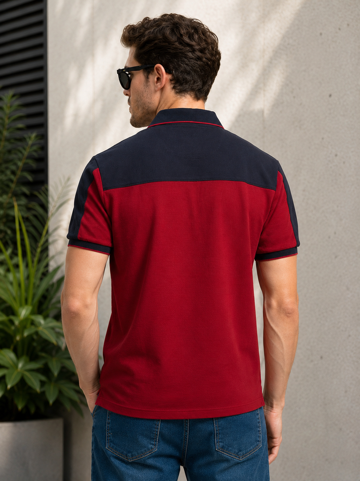 Color-Block Cotton Polo Shirt –  Red