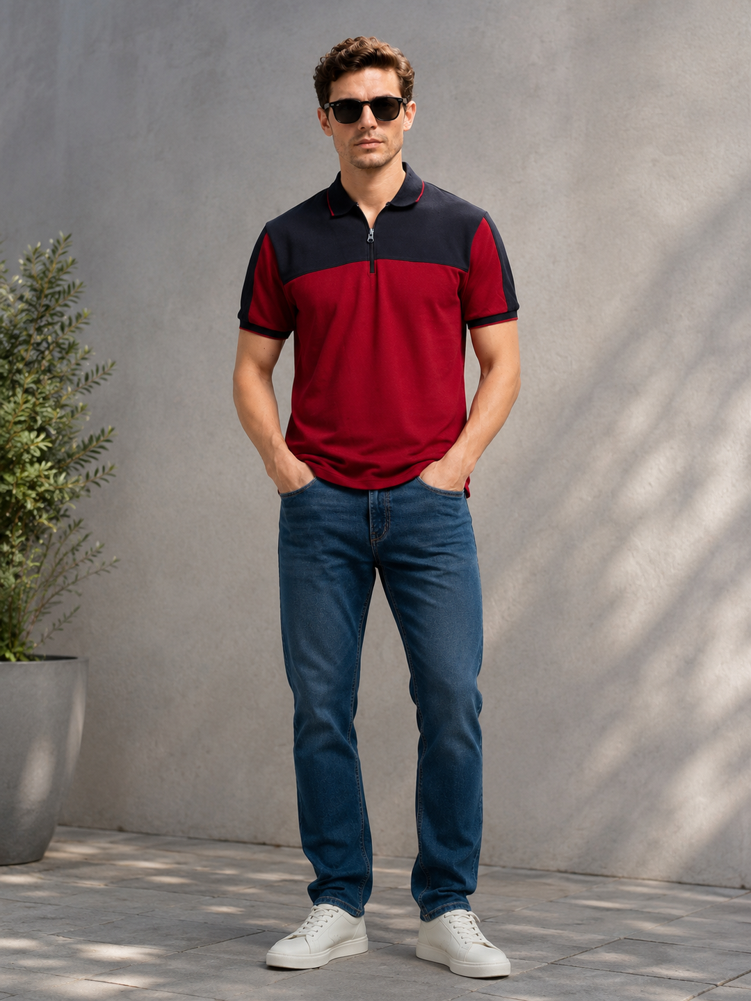 Color-Block Cotton Polo Shirt –  Red