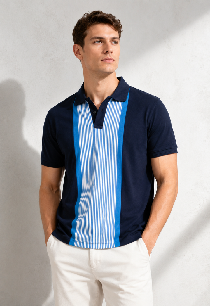Navy Polo T-Shirt with Striped Contrast Front Panel