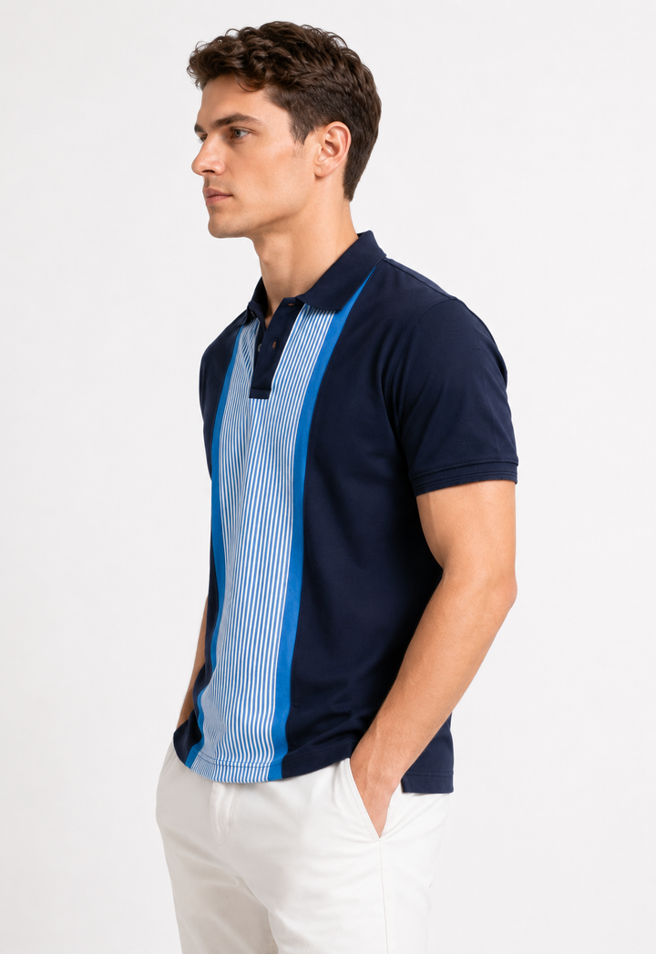 Navy Polo T-Shirt with Striped Contrast Front Panel