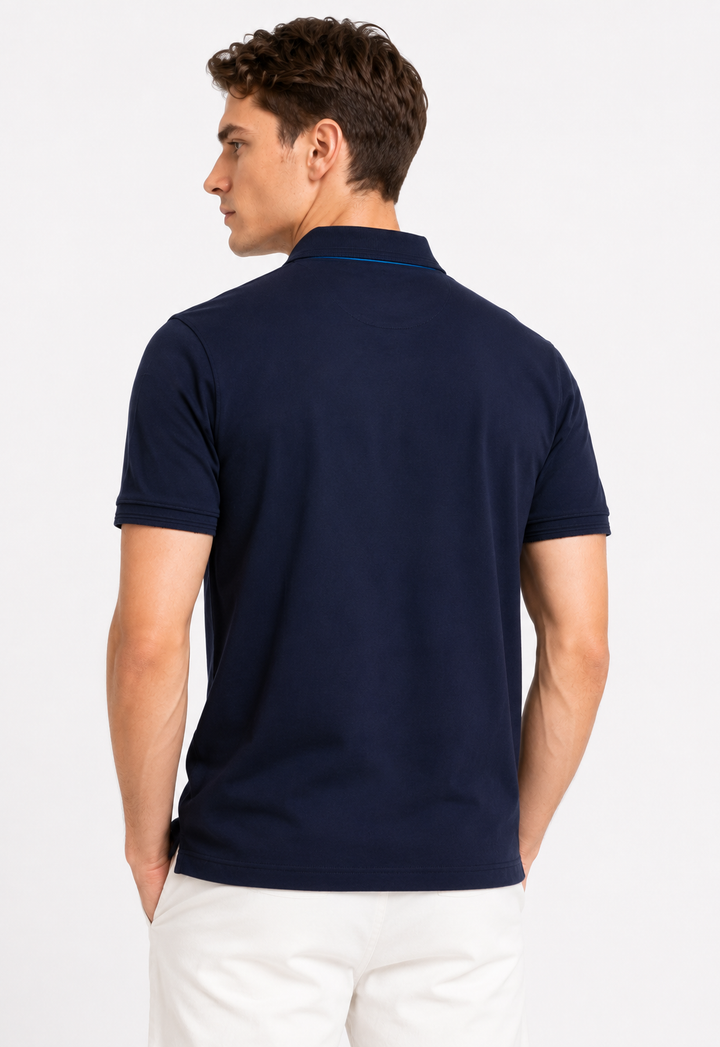 Navy Polo T-Shirt with Striped Contrast Front Panel