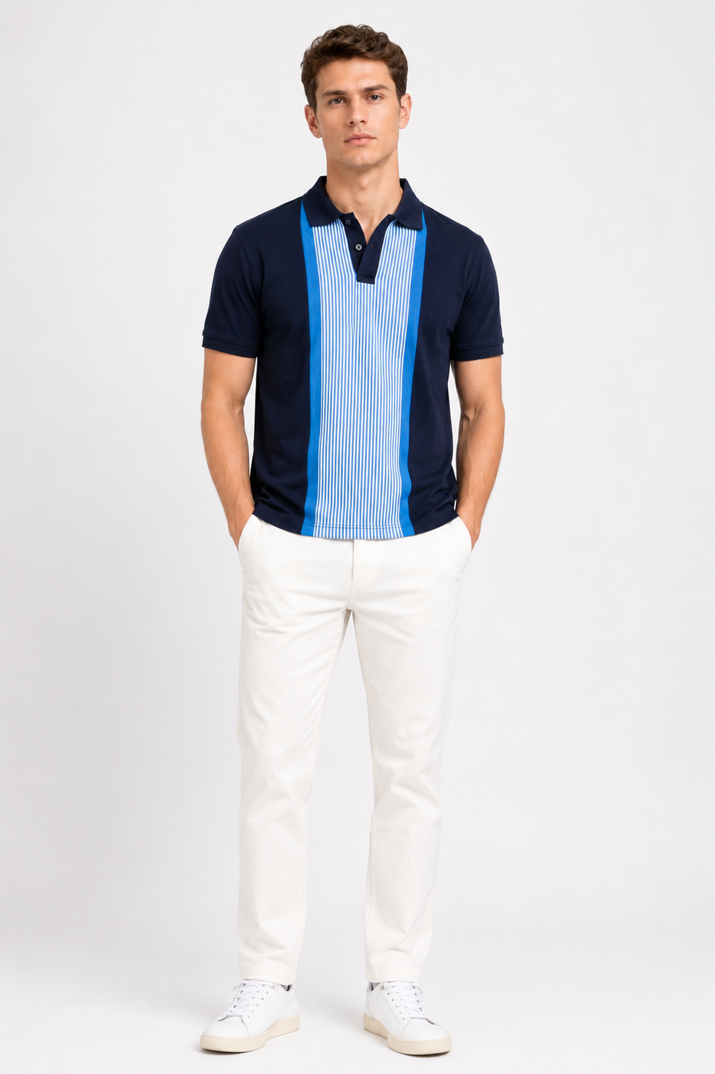 Navy Polo T-Shirt with Striped Contrast Front Panel