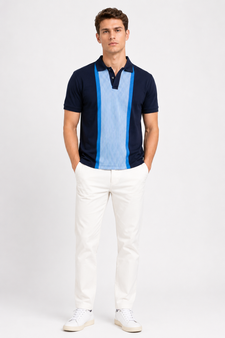Navy Polo T-Shirt with Striped Contrast Front Panel