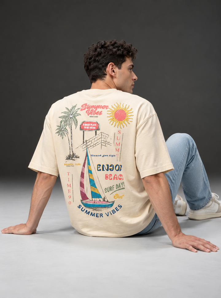 Graphic Drop Shoulder T-Shirt – Beige