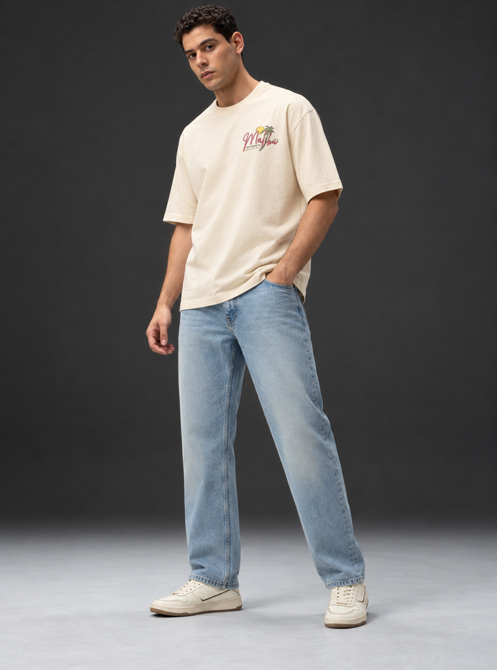 Graphic Drop Shoulder T-Shirt – Beige