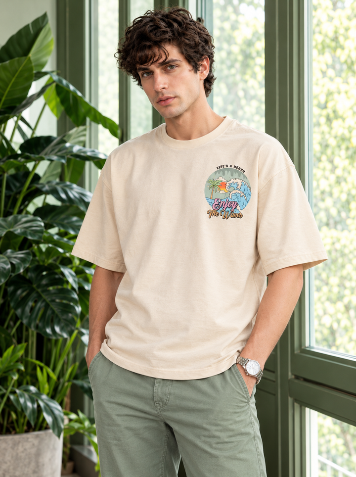 Graphic Drop Shoulder T-Shirt - Beige