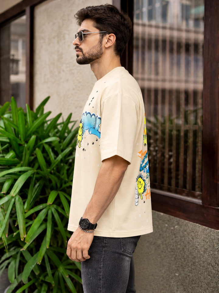 Graphic Kimono Sleeves T-Shirt – Beige
