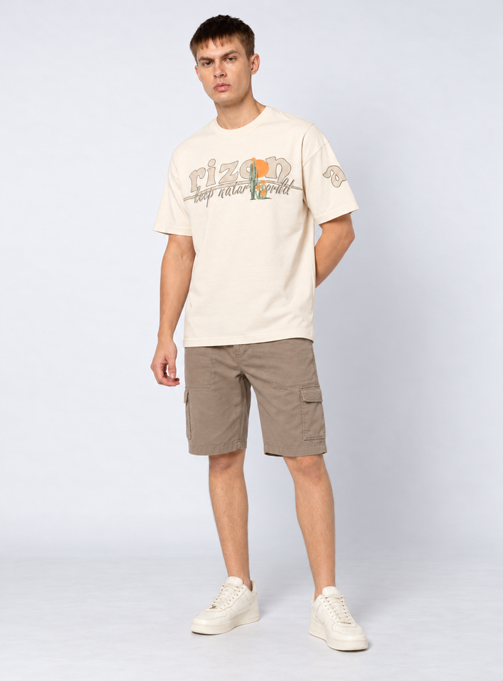 Graphic Drop Shoulder T-Shirt - Beige