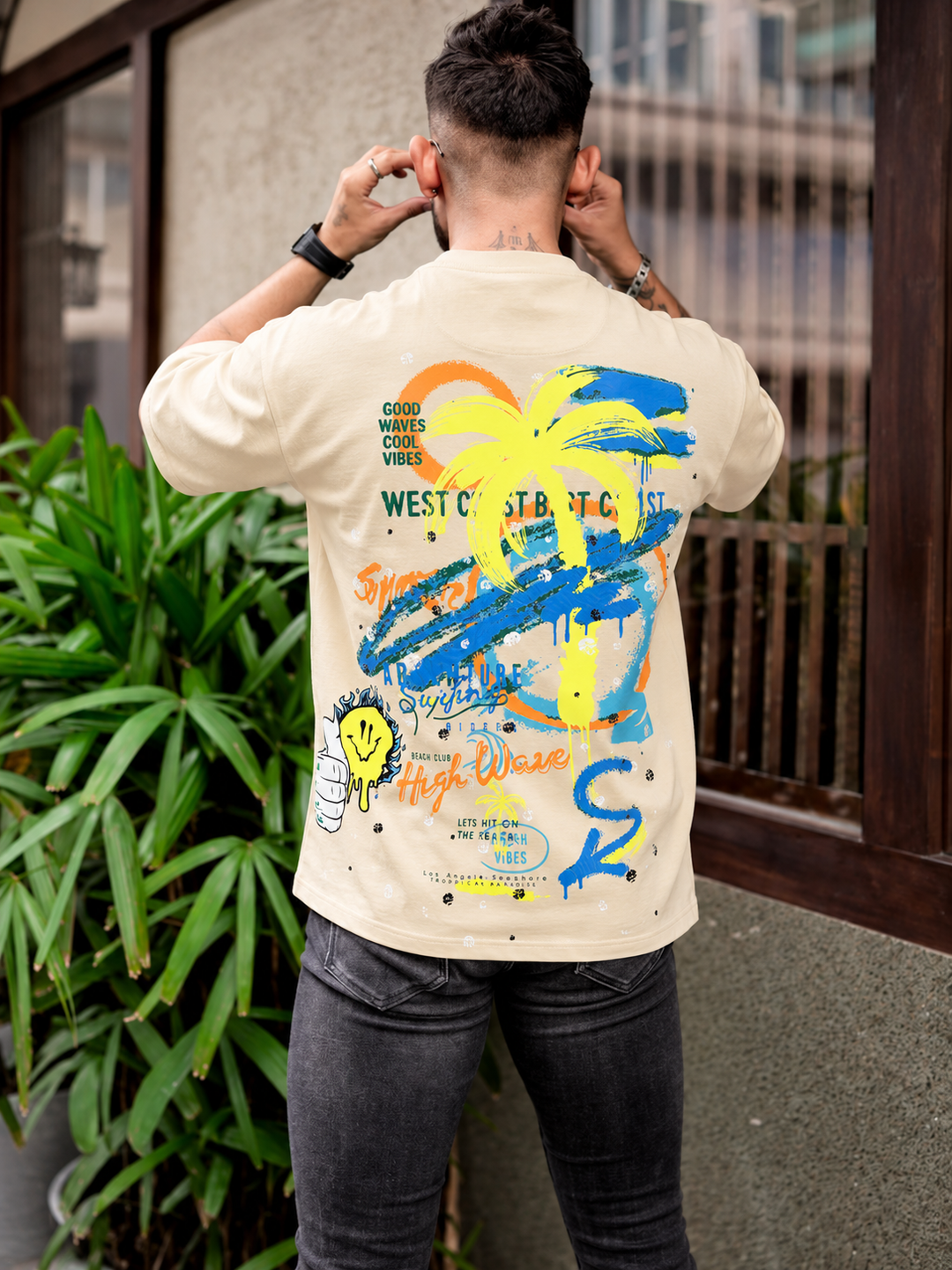 Graphic Kimono Sleeves T-Shirt – Beige