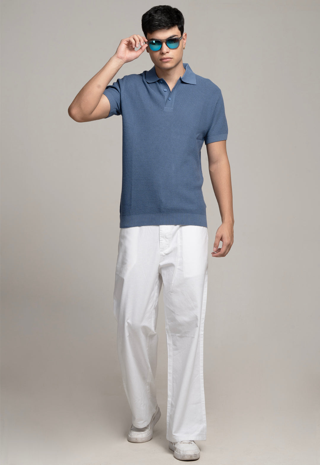 KNITTED COTTON POLO - BLUE