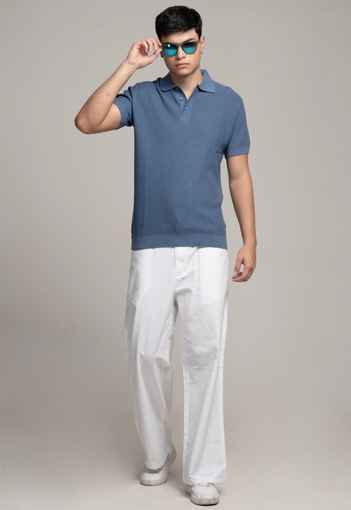 KNITTED COTTON POLO - BLUE