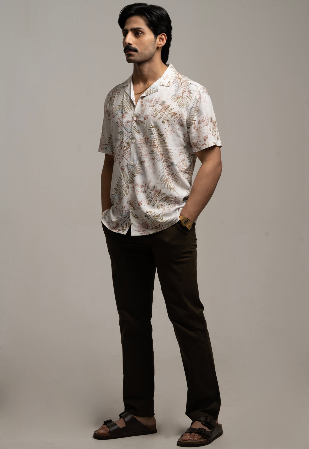 Tropical Leaf Print Casual Shirt – Cream