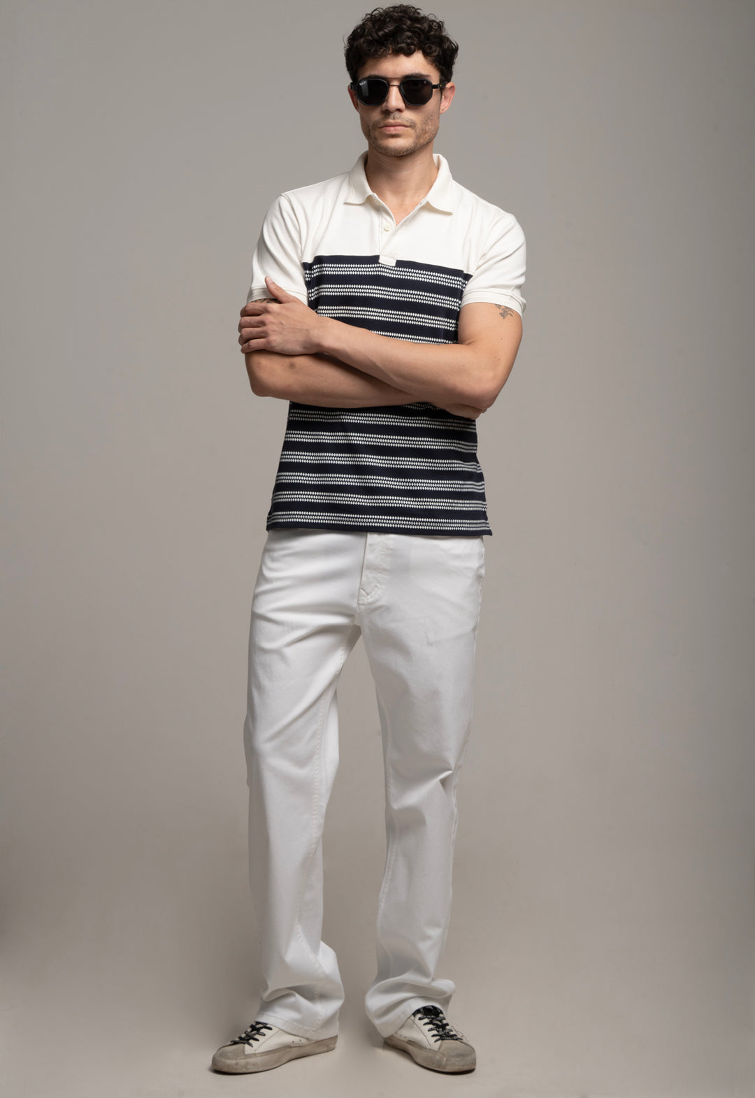 Navy & White Striped Polo