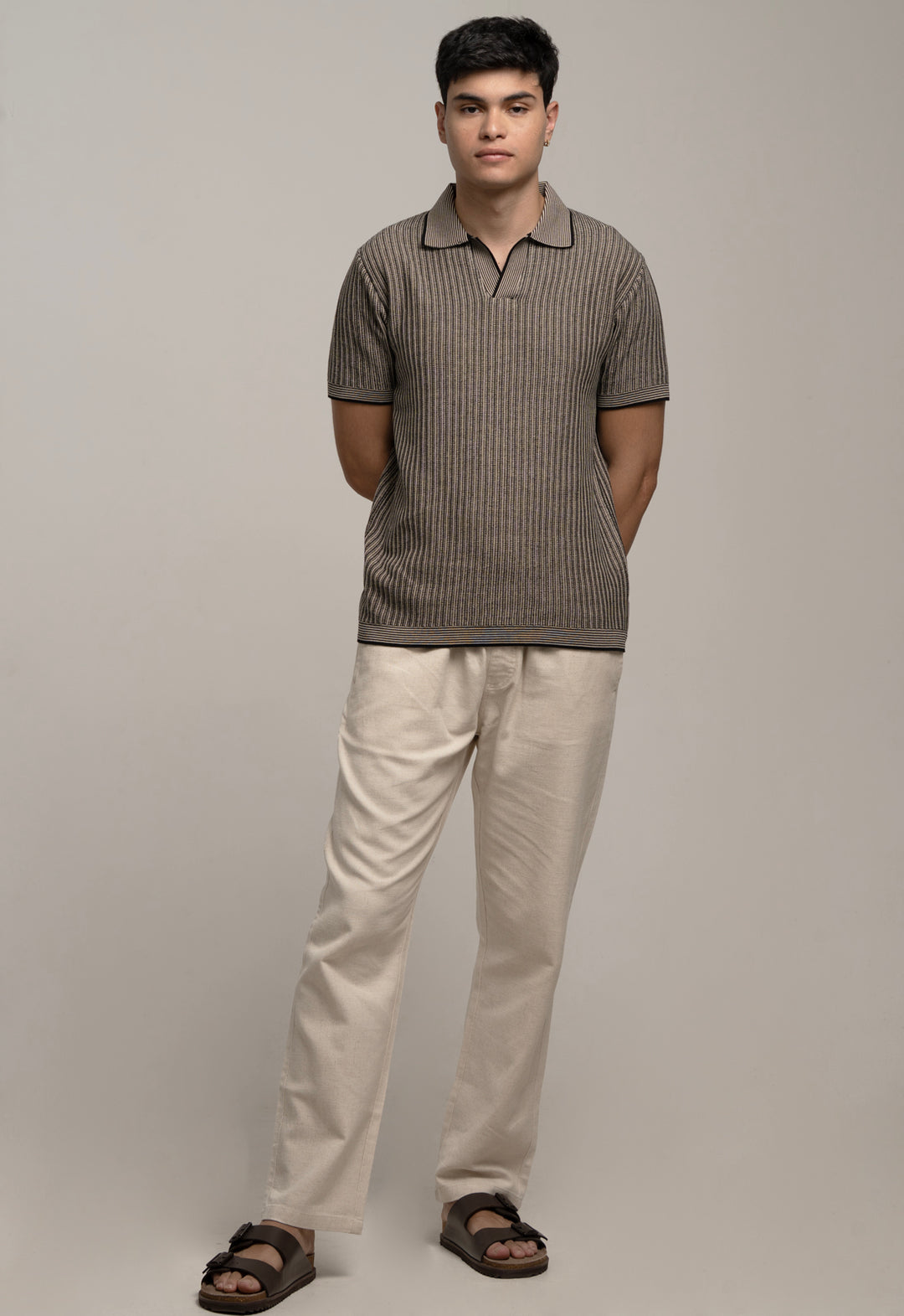 Knitted Striped Polo T-Shirt – Grey