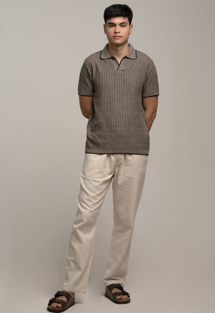 Knitted Striped Polo T-Shirt – Grey