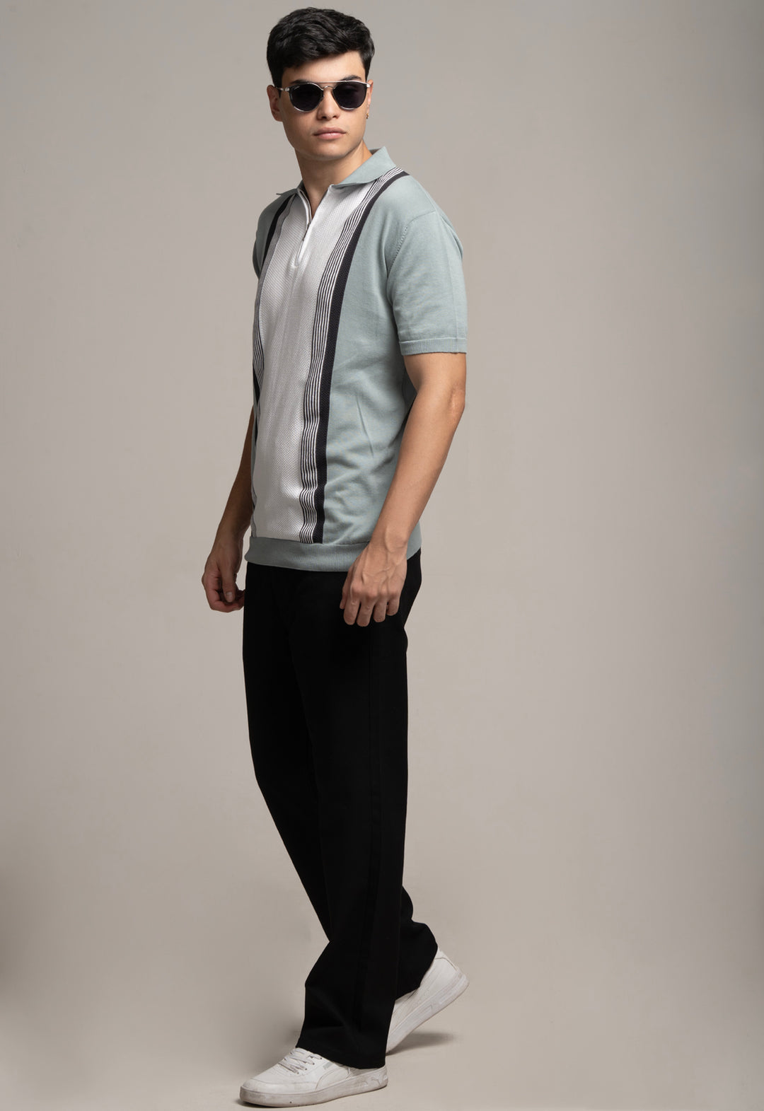 Knitted Contrast Stripe Polo - Steel Grey
