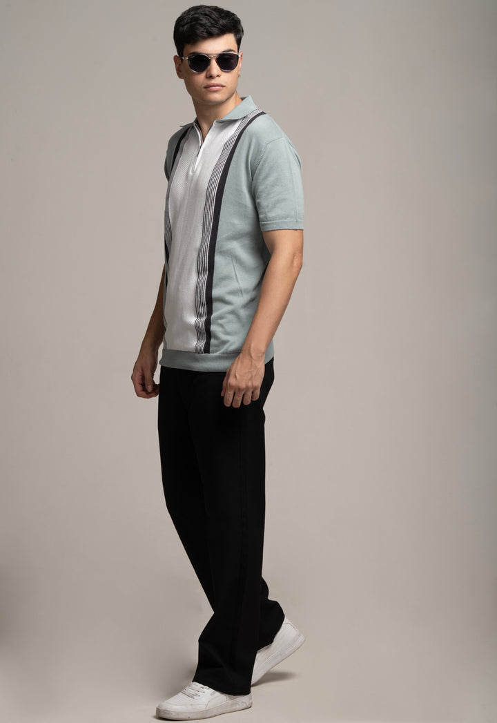 Knitted Contrast Stripe Polo - Steel Grey