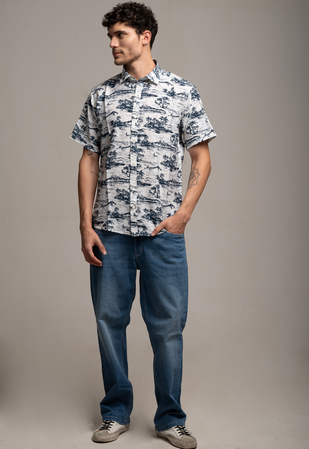 White & Navy Tropical Print Casual Shirt