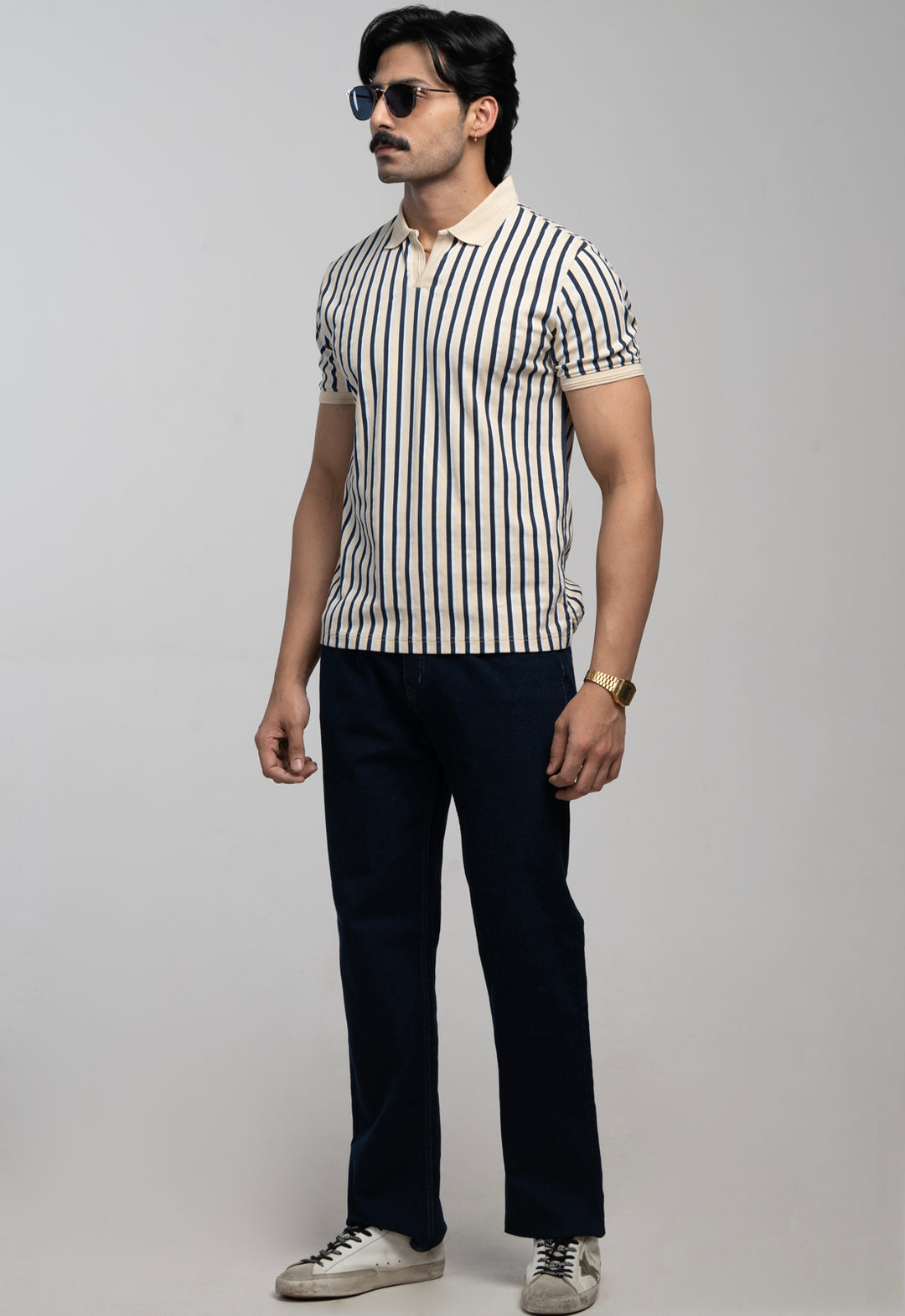 Vintage-Striped Polo Shirt – Beige
