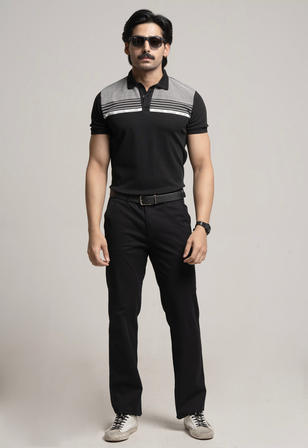 Polo T-Shirt with Striped Yoke - BLACK