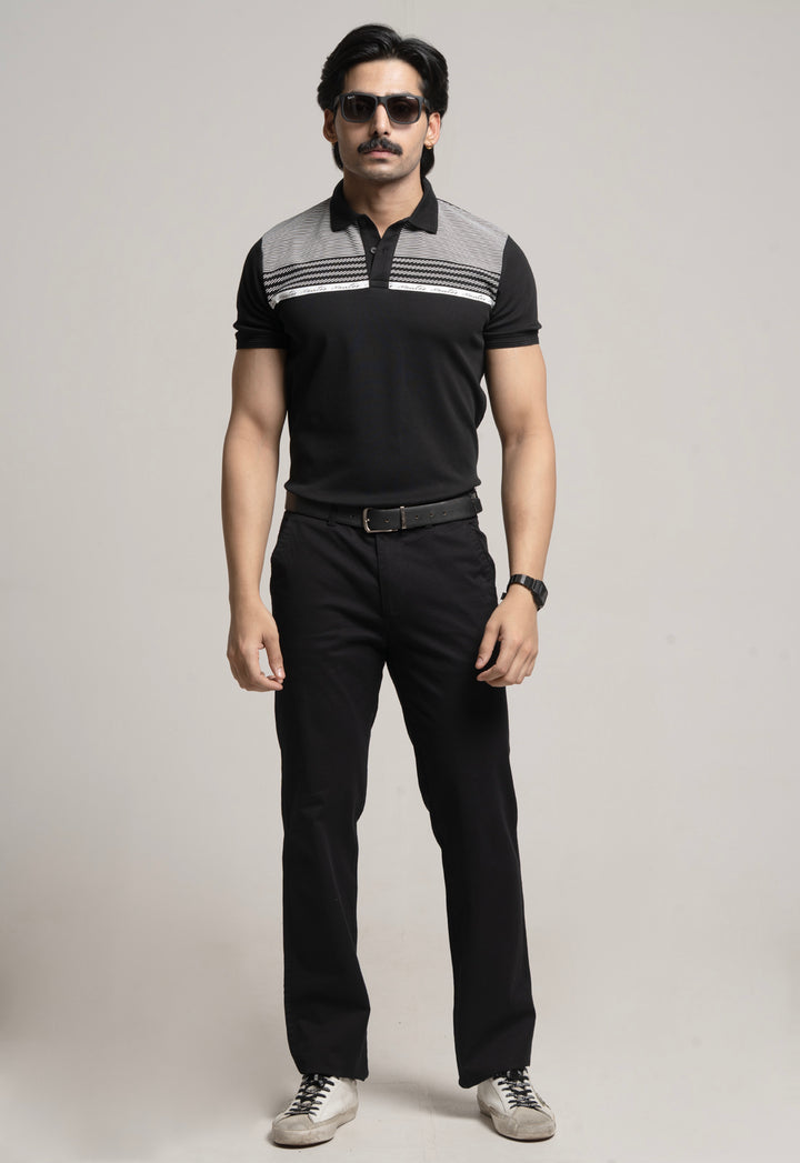 Polo T-Shirt with Striped Yoke - BLACK