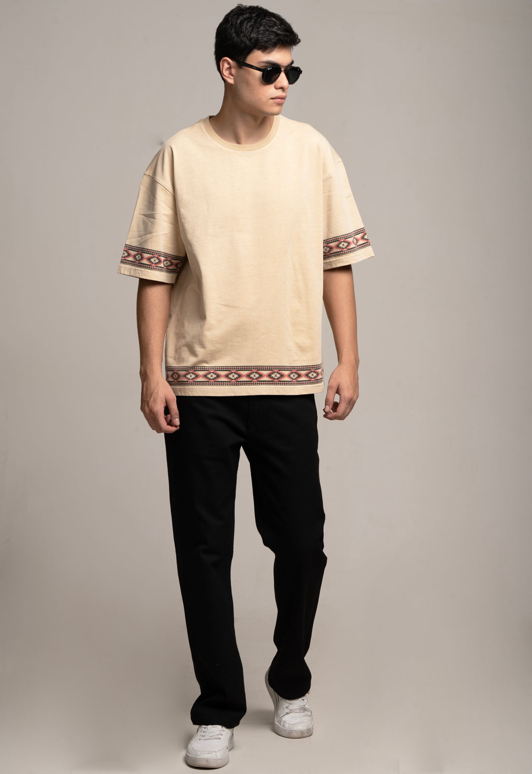 Drop-Shoulder Tee with Geometric Band - Beige