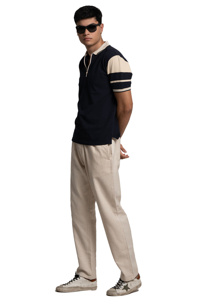 CUT AND SEW COLOUR BLOCK POLO T-SHIRT - NAVY