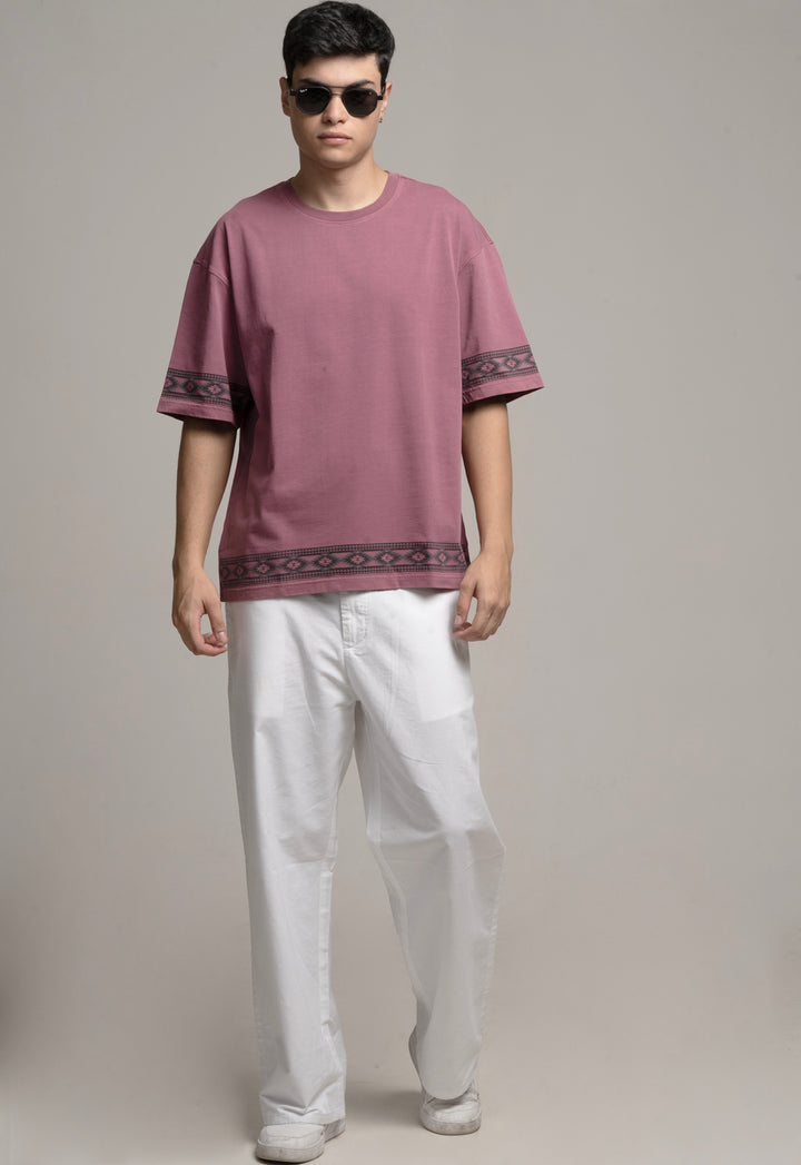 Drop-Shoulder Tee with Geometric Band - Red