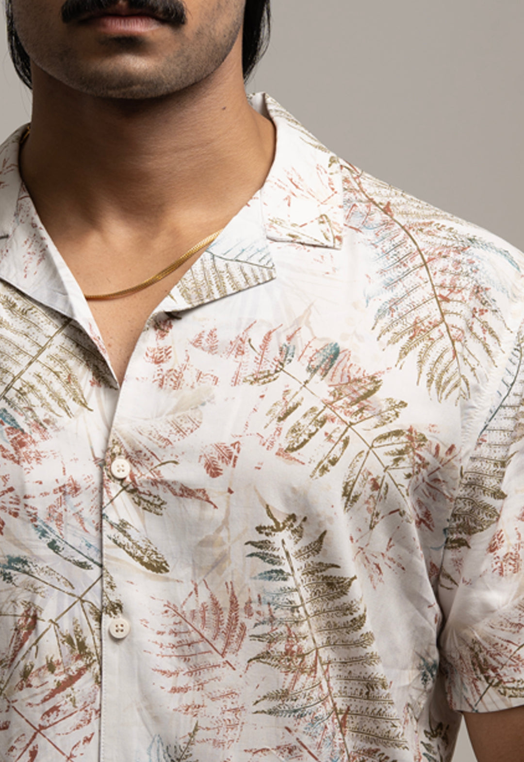 Tropical Leaf Print Casual Shirt – Cream
