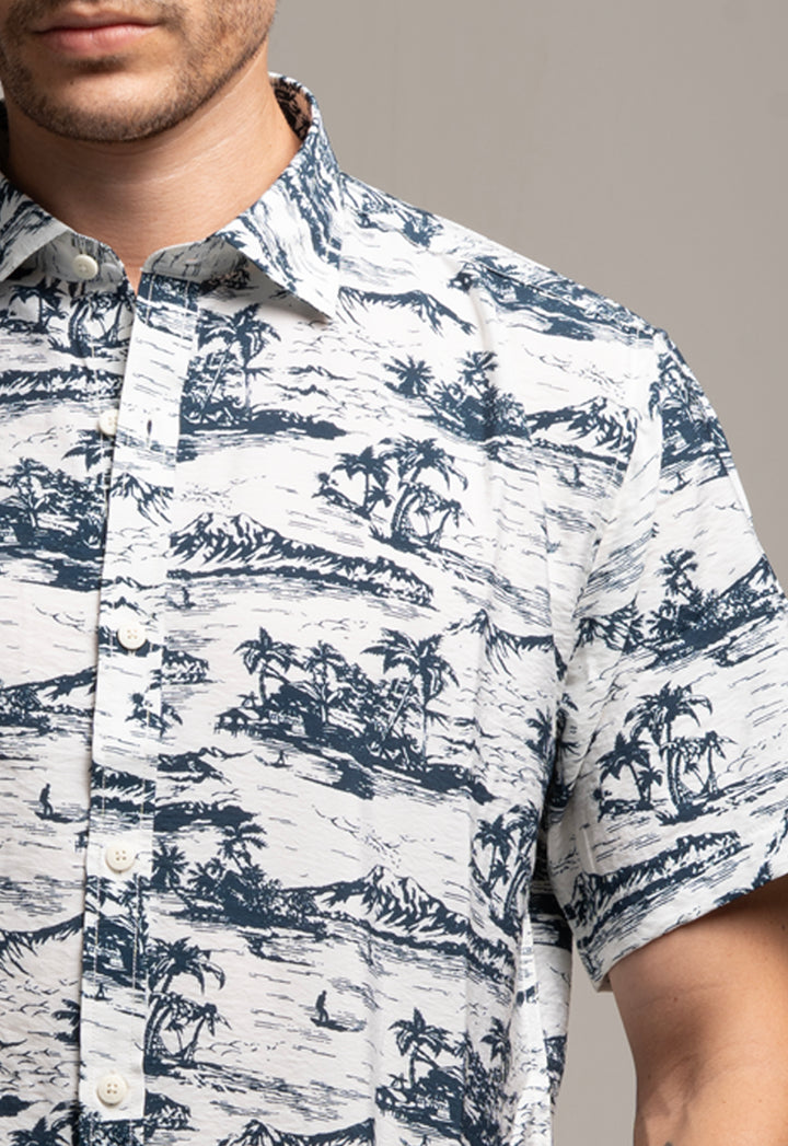 White & Navy Tropical Print Casual Shirt