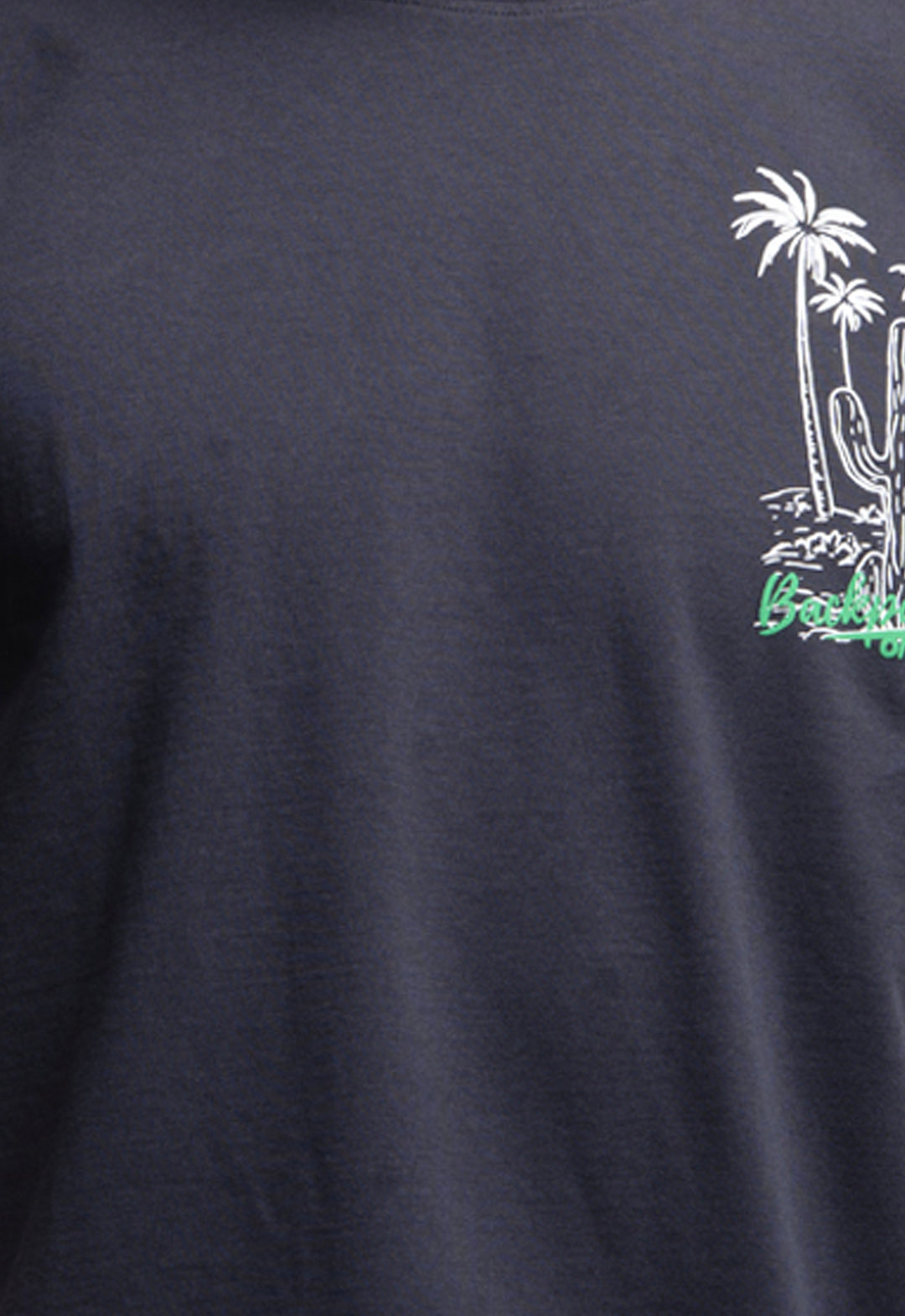 Navy blue t-shirt with a white palm tree and cactus design on the sleeve.